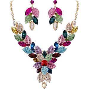 Women's Crystal Elegant Bridal Cluster Flower Leaf Drop Necklace Earrings Set